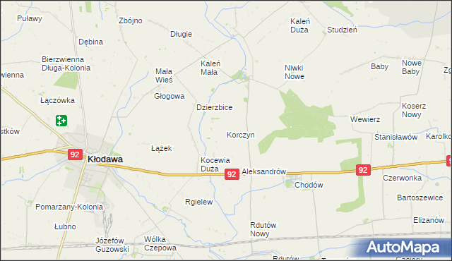 mapa Korczyn gmina Chodów, Korczyn gmina Chodów na mapie Targeo