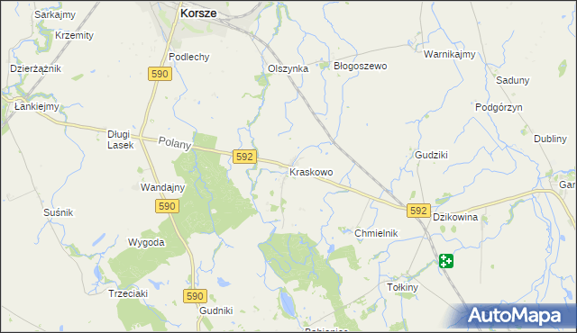 mapa Kraskowo gmina Korsze, Kraskowo gmina Korsze na mapie Targeo