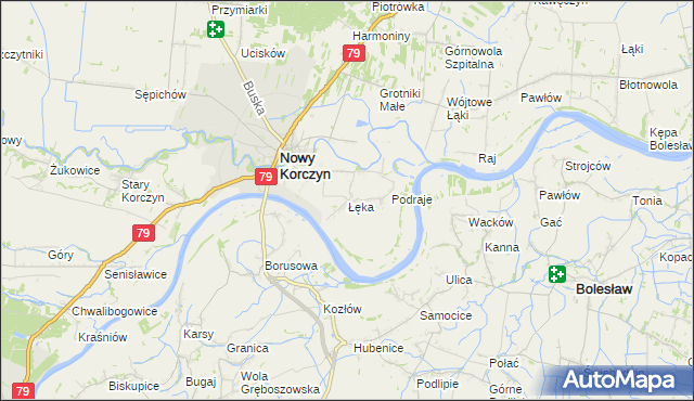 mapa Łęka gmina Nowy Korczyn, Łęka gmina Nowy Korczyn na mapie Targeo