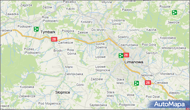 mapa Lipowe gmina Limanowa, Lipowe gmina Limanowa na mapie Targeo