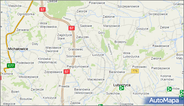 mapa Łuczyce gmina Kocmyrzów-Luborzyca, Łuczyce gmina Kocmyrzów-Luborzyca na mapie Targeo