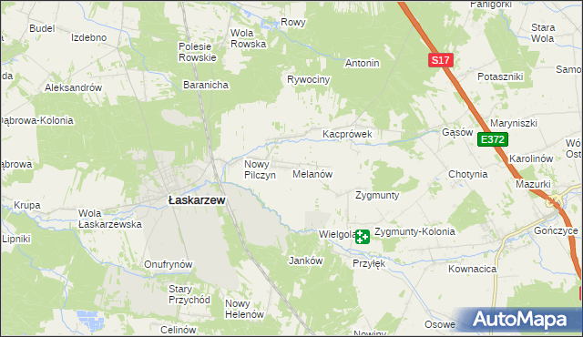 mapa Melanów gmina Łaskarzew, Melanów gmina Łaskarzew na mapie Targeo