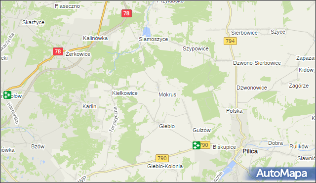 mapa Mokrus gmina Ogrodzieniec, Mokrus gmina Ogrodzieniec na mapie Targeo