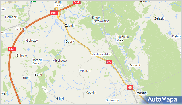 mapa Niedźwiedzkie gmina Prostki, Niedźwiedzkie gmina Prostki na mapie Targeo