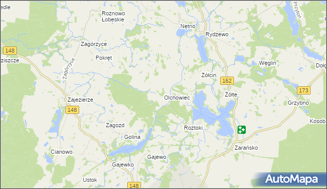 mapa Olchowiec gmina Drawsko Pomorskie, Olchowiec gmina Drawsko Pomorskie na mapie Targeo