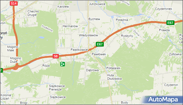 mapa Pawłówek gmina Dłutów, Pawłówek gmina Dłutów na mapie Targeo