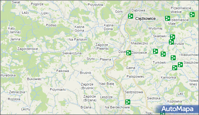 mapa Pławna gmina Ciężkowice, Pławna gmina Ciężkowice na mapie Targeo