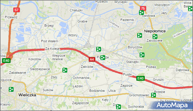 mapa Podłęże gmina Niepołomice, Podłęże gmina Niepołomice na mapie Targeo