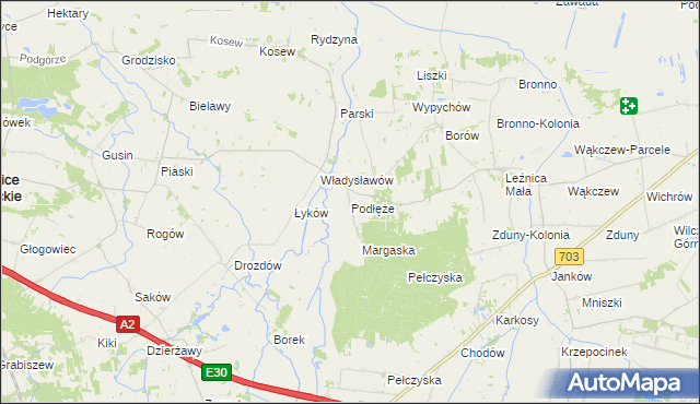 mapa Podłęże gmina Świnice Warckie, Podłęże gmina Świnice Warckie na mapie Targeo