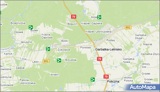 mapa Ponikwa gmina Garbatka-Letnisko, Ponikwa gmina Garbatka-Letnisko na mapie Targeo