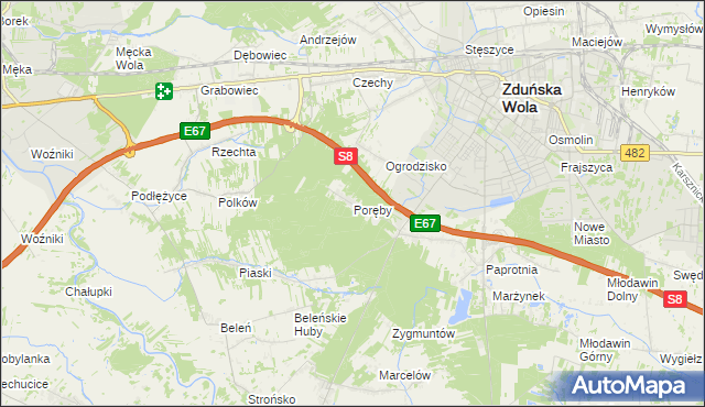 mapa Poręby gmina Zduńska Wola, Poręby gmina Zduńska Wola na mapie Targeo