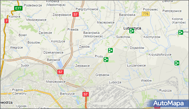 mapa Prusy gmina Kocmyrzów-Luborzyca, Prusy gmina Kocmyrzów-Luborzyca na mapie Targeo