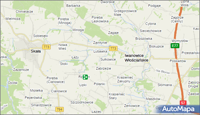 mapa Sułkowice gmina Iwanowice, Sułkowice gmina Iwanowice na mapie Targeo