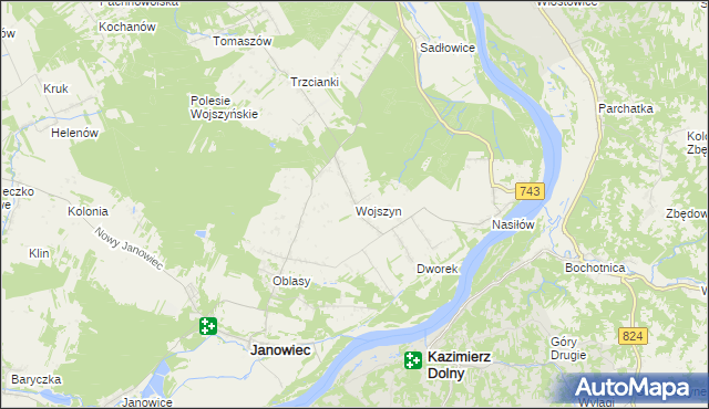 mapa Wojszyn gmina Janowiec, Wojszyn gmina Janowiec na mapie Targeo