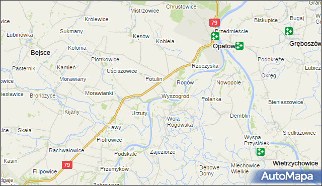 mapa Wyszogród gmina Opatowiec, Wyszogród gmina Opatowiec na mapie Targeo