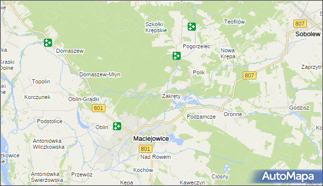 mapa Zakręty gmina Maciejowice, Zakręty gmina Maciejowice na mapie Targeo