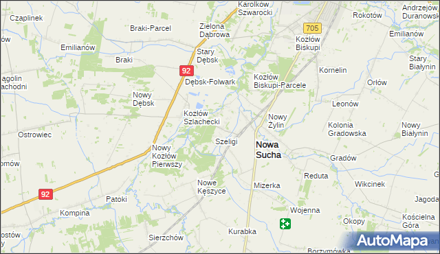 mapa Zakrzew gmina Nowa Sucha, Zakrzew gmina Nowa Sucha na mapie Targeo