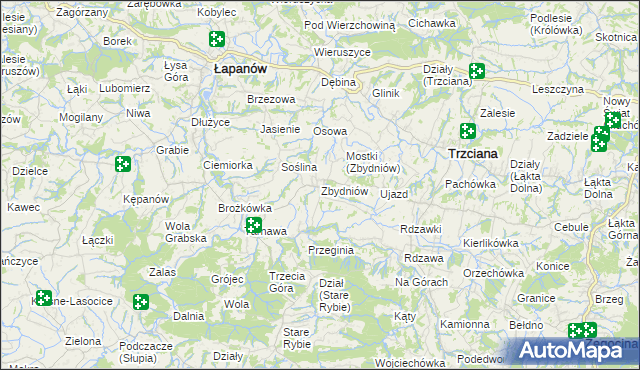 mapa Zbydniów gmina Łapanów, Zbydniów gmina Łapanów na mapie Targeo