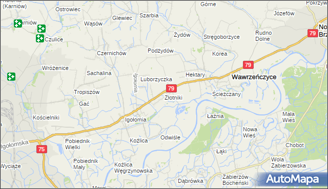 mapa Złotniki gmina Igołomia-Wawrzeńczyce, Złotniki gmina Igołomia-Wawrzeńczyce na mapie Targeo