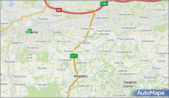 mapa Gaj gmina Mogilany, Gaj gmina Mogilany na mapie Targeo