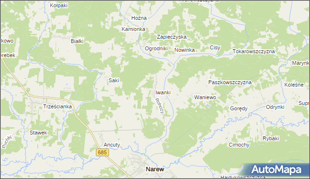 mapa Iwanki gmina Narew, Iwanki gmina Narew na mapie Targeo