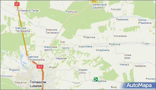 mapa Justynówka gmina Tomaszów Lubelski, Justynówka gmina Tomaszów Lubelski na mapie Targeo