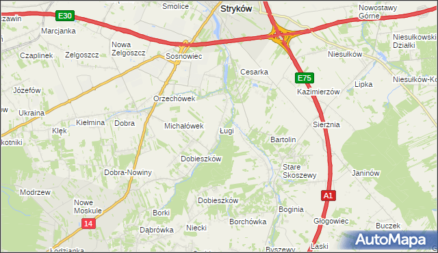 mapa Ługi gmina Stryków, Ługi gmina Stryków na mapie Targeo