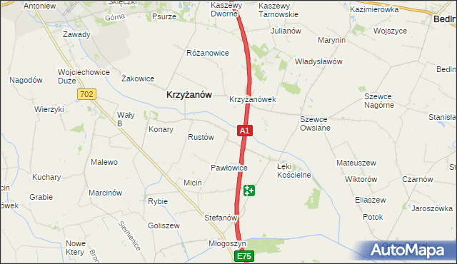 mapa Pawłowice gmina Krzyżanów, Pawłowice gmina Krzyżanów na mapie Targeo