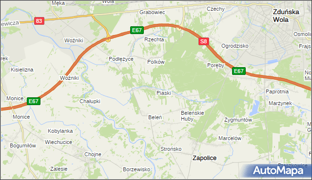 mapa Piaski gmina Zduńska Wola, Piaski gmina Zduńska Wola na mapie Targeo