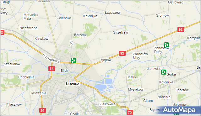 mapa Popów gmina Łowicz, Popów gmina Łowicz na mapie Targeo