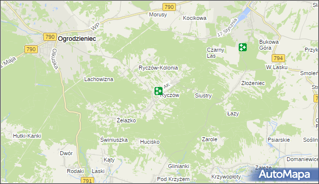 mapa Ryczów gmina Ogrodzieniec, Ryczów gmina Ogrodzieniec na mapie Targeo