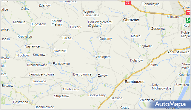 mapa Wielogóra gmina Samborzec, Wielogóra gmina Samborzec na mapie Targeo