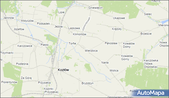 mapa Wierzbica gmina Kozłów, Wierzbica gmina Kozłów na mapie Targeo