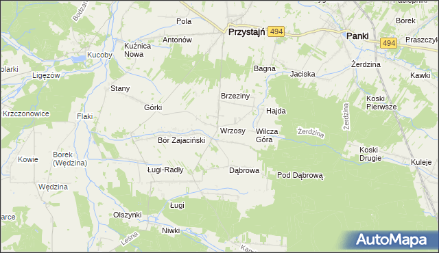 mapa Wrzosy gmina Przystajń, Wrzosy gmina Przystajń na mapie Targeo