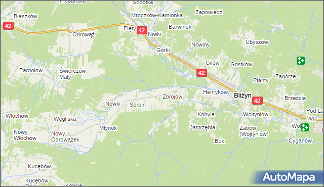 mapa Zbrojów gmina Bliżyn, Zbrojów gmina Bliżyn na mapie Targeo