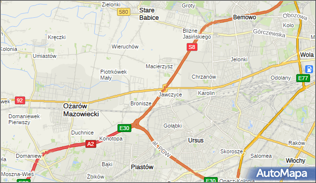 mapa Jawczyce gmina Ożarów Mazowiecki, Jawczyce gmina Ożarów Mazowiecki na mapie Targeo