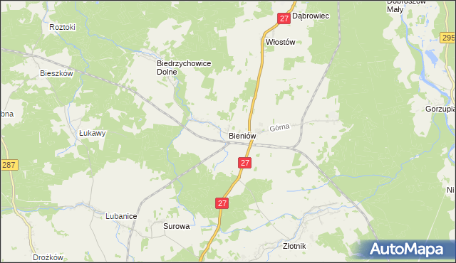 mapa Bieniów gmina Żary, Bieniów gmina Żary na mapie Targeo