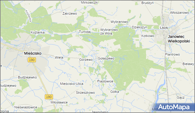 mapa Gołaszewo gmina Mieścisko, Gołaszewo gmina Mieścisko na mapie Targeo