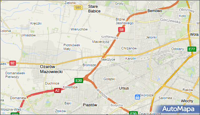 mapa Jawczyce gmina Ożarów Mazowiecki, Jawczyce gmina Ożarów Mazowiecki na mapie Targeo
