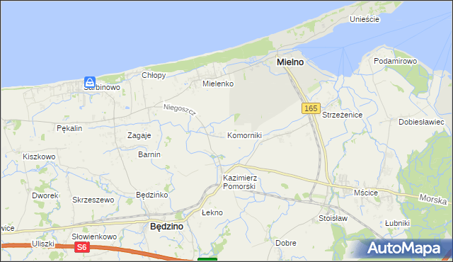 mapa Komorniki gmina Mielno, Komorniki gmina Mielno na mapie Targeo