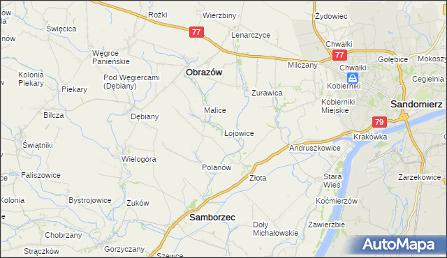 mapa Łojowice gmina Samborzec, Łojowice gmina Samborzec na mapie Targeo