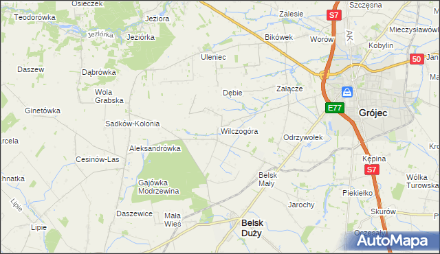 mapa Wilczogóra gmina Belsk Duży, Wilczogóra gmina Belsk Duży na mapie Targeo