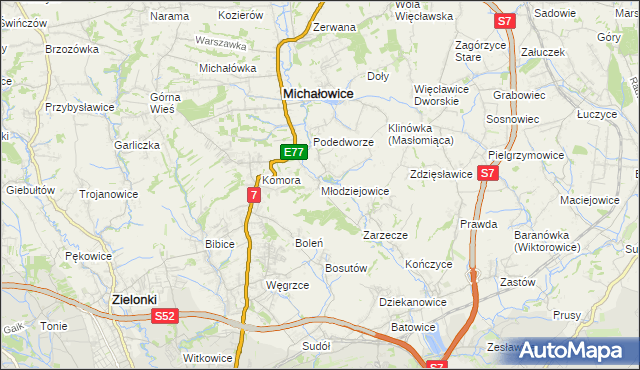 mapa Młodziejowice gmina Michałowice, Młodziejowice gmina Michałowice na mapie Targeo
