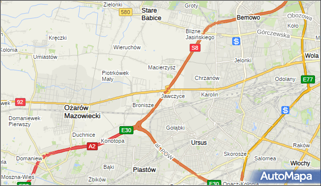 mapa Jawczyce gmina Ożarów Mazowiecki, Jawczyce gmina Ożarów Mazowiecki na mapie Targeo