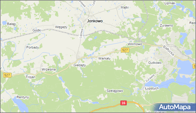 mapa Warkały gmina Jonkowo, Warkały gmina Jonkowo na mapie Targeo