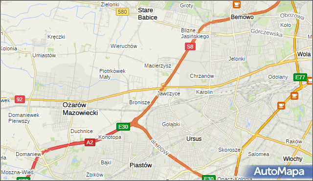 mapa Jawczyce gmina Ożarów Mazowiecki, Jawczyce gmina Ożarów Mazowiecki na mapie Targeo