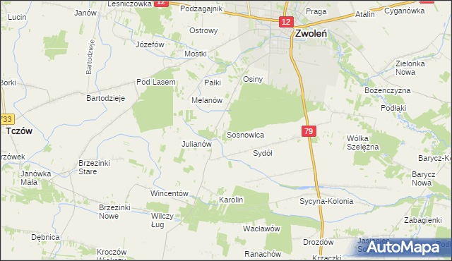 mapa Sosnowica gmina Zwoleń, Sosnowica gmina Zwoleń na mapie Targeo