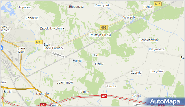 mapa Biel gmina Siedlce, Biel gmina Siedlce na mapie Targeo