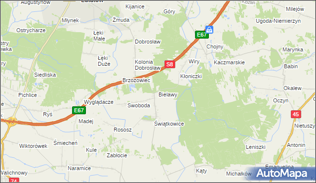 mapa Bielawy gmina Lututów, Bielawy gmina Lututów na mapie Targeo