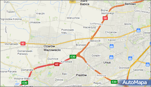 mapa Bronisze gmina Ożarów Mazowiecki, Bronisze gmina Ożarów Mazowiecki na mapie Targeo